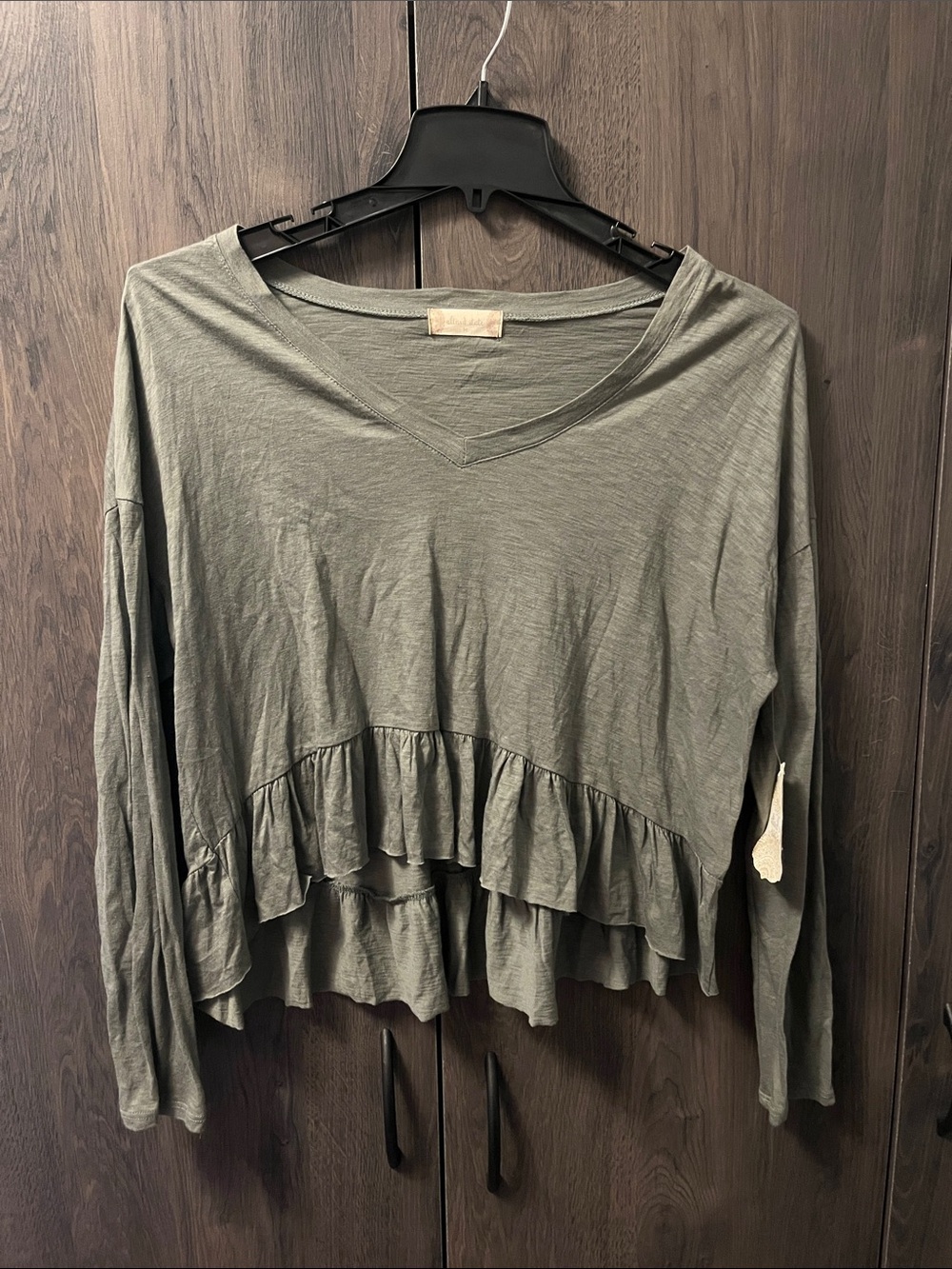 Women's Olive Green Ruffle V-Neck Long Sleeve Top